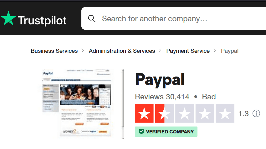 Trustpilot profile for PayPal